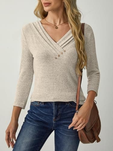 GKBK Womens 3/4 Sleeve Tunic Tops for Leggings V Neck Button Loose T Shirts 2026 Fall Summer Dressy Business Casual Blouse Pullover Sweatshirt Work Cute Fashion Trendy Sweater Outfit Clothes Khaki S - Thumbnail 6