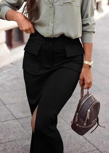 KIRUNDO Midi Skirts for Women Summer Fall High Waisted Cargo Trendy Pencil Slit Dressy Casual Business Work Long Skirt(Black, X-Large) - Thumbnail 6