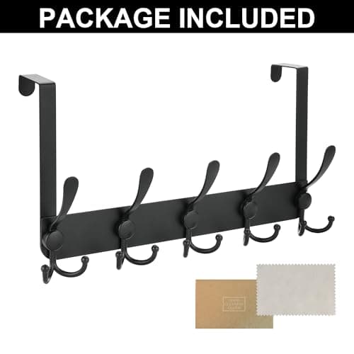 OIM OMIIOMIO No Drill, No Installation Over The Door Coat Rack with 15 Hooks - Door Hanger Organizer for Towels, Coats, Hats | Bathroom, Bedroom, Closet Storage Solution - Black - Thumbnail 5