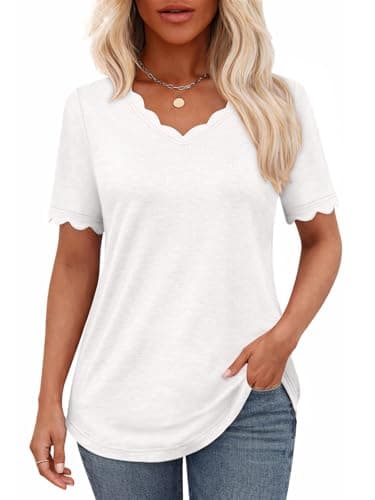 Summer Tops for Women 2026 White Scalloped V Neck Short Sleeve Casual Dressy Blouse Curved Hem Loose Fit Lightweight Breathable Everyday Outfit X-Larege - Image 1