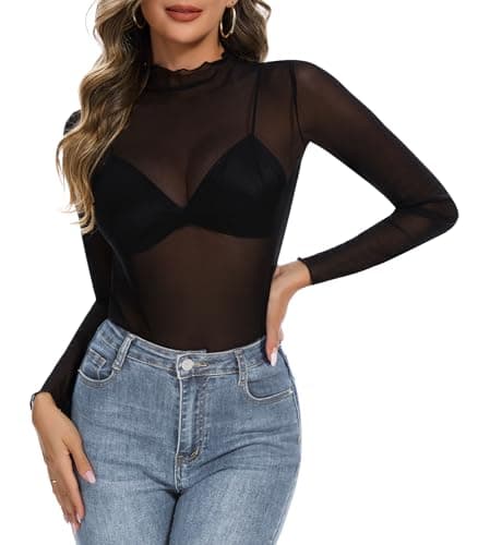 Lace Long Sleeve Tops for Women See Through Sheer Mesh Sexy Tops Floral Mock Neck Shirts Party Club Night Blouses Pure Black - Image 1