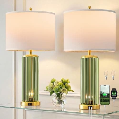 QiMH Gold Table Lamps for Bedroom Set of 2 with Nightlight, Modern Bedside Lamp with USB A+C Charging Port, Green Nightstand Lamp for Living Room White Shade, 2 Bulbs Included - Image 1