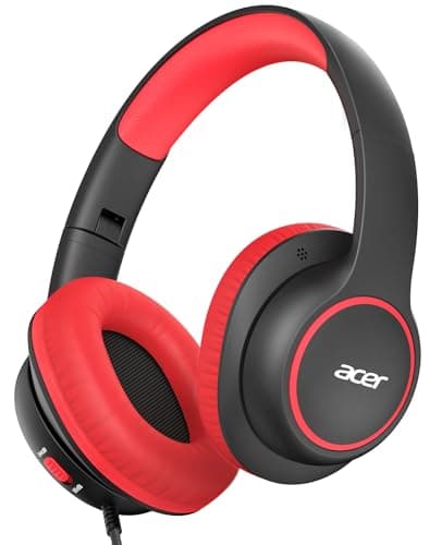 acer Kids Headphones Wired for School - Over Ear Design, 85/94dB Safe Volume Limit, 3.5mm Jack Foldable Headphones for Toddler Boys Girls Classroom Yoto Player Chromebook Travel Black Red