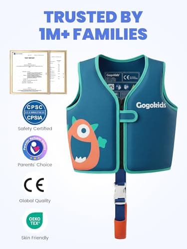 Gogokids Toddler Swim Vest Pool Floaties for Kids 1-2-3-5-7-9 Yrs, Neoprene Kids Swimming Jacket w/Adjustable Safety Strap & Zip, Toddler Float Jacket 33-66lbs for Beach Puddle Pool Boys Girls Niños - Thumbnail 2