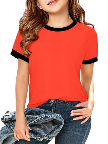 ZDC Girls Athletic Shirts Kids Summer Short Sleeve Workout T Shirt Quick Dry Tops Color Block Gym Yoga Tee Bright Orange - Image 1