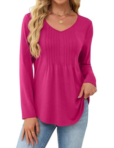 JUSTFASHIONNOW Long Sleeve Tops for Women Winter Shirts V Neck Trendy Casual Tunic Ladies Pleated Blouse Business Dressy Outfits Tops for Leggings (Rose Red, Small)