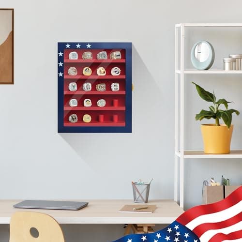 JWHOO Championship Ring Display Case - 20 Ring Posts Baseball Ring Holder, Softball Ring Display Case with LED Light, Wall Mount Wooden Shadow Box for Display Sports Champion Rings - Red & Blue - Thumbnail 6
