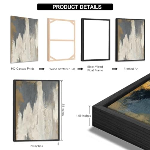 ASDCEUTICALS Large Canvas Wall Art - Gray Brown and Beige Abstract Pictures for Living Room Vintage Wall Decor Retro Artwork Black Float Framed Paintings for Bedroom Dinning Room 20" X 28" X 3 pcs - Thumbnail 5