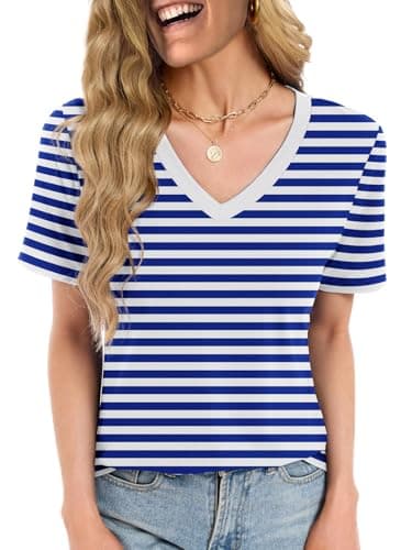 Womens Short Sleeve Tops T Shirts Summer T Shirts V Neck Blouses Plus Size Tunic Beach Vacation Boho Outfits, Blue/White Stripe M - Image 1