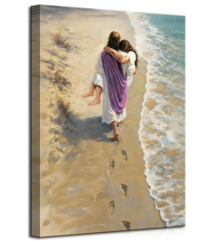 Jesus Walking on the Beach Canvas Wall Art Christian Jesus Hugging Woman Footprints on the Beach Painting Wall Decor Poster Print Artwork Home Decoration