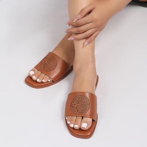 Stratuxx Kaze Womens Flat Sandals Dressy Summer Slide with Memory Foam Comfortable Cute Leather Brown Sandals for Women - Thumbnail 2