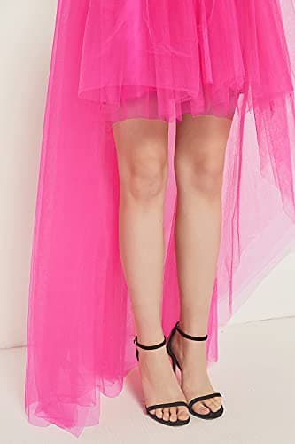 Bellady Women Mesh Tulle High Low High Waist Tutu Princess Wedding Skirt,Fuchsia - Thumbnail 5