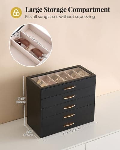 Lolalet 30 Slots Sunglasses Organizer Case for Women, 5-Layer Eyeglass Storage Holder Display Box with Clear Top Lid, Mothers Day Gifts -Black - Thumbnail 6