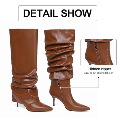 COMFITORIA Womens Knee High Boots, Fold Over Shark Boots Stiletto Heels Slouchy Long Boot Pointed Toe Thigh High Dress Shoes Sexy Fashion Tall Boot for Women with Zipper - Thumbnail 5