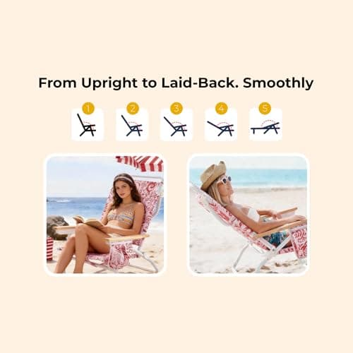 DEER LAND 5-Position Low Beach Chair, Portable Lightweight Folding Beach Chair with Wooden Armrests, Storage Pouch & Carry Strap, Coastal Beach Print – Reef Crimson - Thumbnail 5