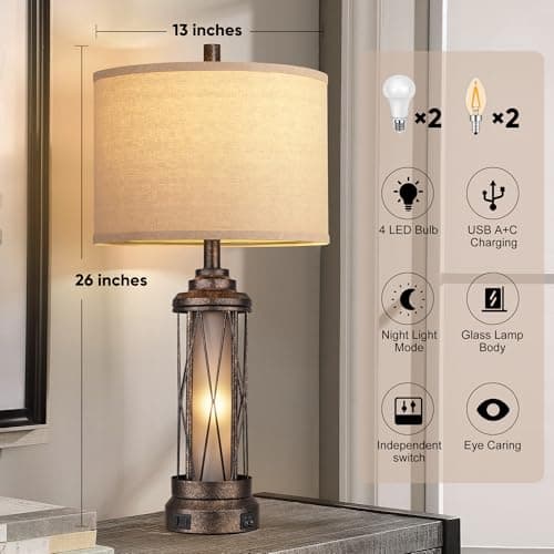 Qimh Farmhouse Table Lamps for Living Room, Rustic Nightstand Lamp for Bedroom with USB A+C Charging Ports, Frosted Glass Bedside Lamp with Night Light for Entryway End Table, 4 Bulbs Included, Bronze - Thumbnail 4