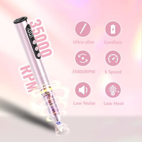 Denabuty Electric Nail Drill Cordless, 35000RPM Portable Electric Nail File with LCD Display and 12 Nail Drill Bits for Acrylic & Gel Nails, Professional Manicure & Pedicure Kit Set Pink - Thumbnail 2