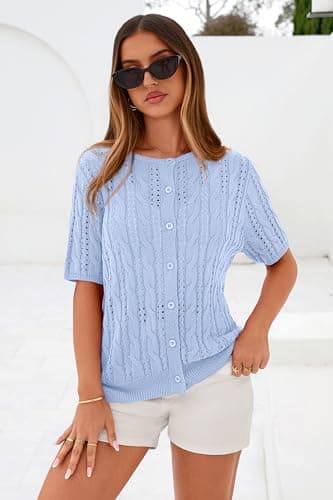 MASCOMODA Women Summer Cable Knit Crochet Cardigan Sweaters Casual Button Short Sleeve Sweater Cute Beach Hollow Out Knit Top(Light Blue,Large) - Thumbnail 2