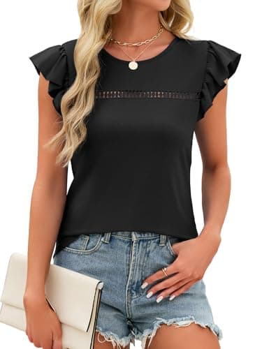 JUSTFASHIONNOW Womens Ruffle Short Sleeve Tops Black Cute Summer Shirts Dressy Casual Crew Neck Blouses 2026 Fashion Outfits(Black,Small) - Thumbnail 6