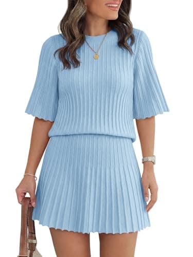 Saodimallsu Womens Sweater Sets 2 Piece Outfits Summer Half Sleeve Ribbed Knit Top and Pleated Skirt Set Lounge Set - Image 1