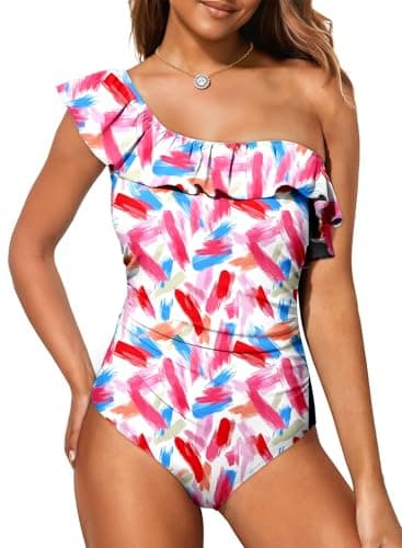 Dokotoo Women Cold Shoulder One Piece Swimsuits One Shoulder Ruched 2026 Asymmetric Ruffled Sleeves Sexy Monokinis Tummy Control Plus Size Swimwear,White Feather Large - Thumbnail 2