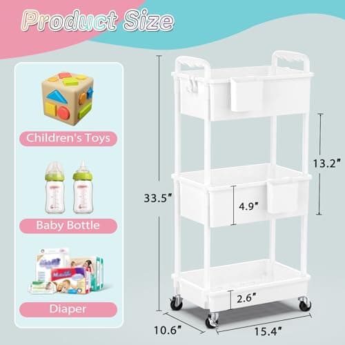 SUNALLY Baby Diaper Caddy Cart, 3 Tier Rolling Diaper Cart with Lockable Wheels for Nursery Essentials, Large Capacity & Easy Assemble Diaper Storage Organizer for Newborn,New Mom, White - Thumbnail 2