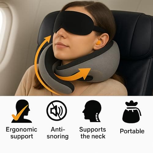 Gourstar Travel Pillow, Travel Pillows for Airplanes, 100% Pure Memory Foam Travel Neck Pillow with Eye Mask & Ear Plugs, Comfort and Ergonomic Design, Ideal for Airplanes, Cars and Offices - Thumbnail 2