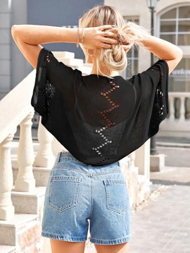 BB&KK Women Summer Cardigans Shrug Sweaters Hollow-Out Batwing Short Sleeve Knit Lightweight Crochet Bolero Tops Black S - Thumbnail 2