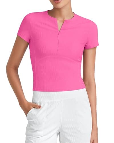 G4Free Workout Tops for Women Short Sleeve Quarter Zip Yoga Ribbed Pullover Shirts Athletic Breathable Running Gym Slim Fit (Hot Pink,M) - Image 1