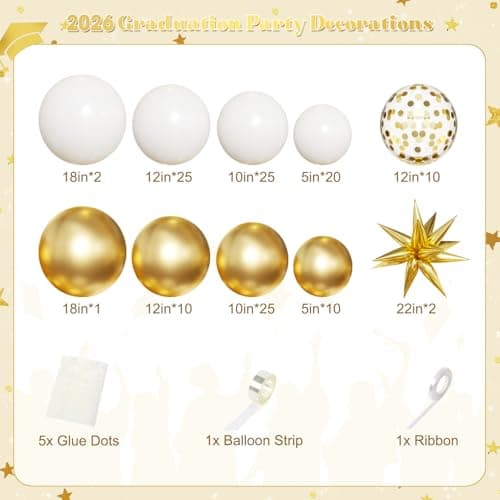 White and Gold Balloon Arch Kit, 130Pcs White and Gold Graduation Decorations with Gold Foil Star Confetti Balloons for College High School Graduation Decorations Class of 2026 - Thumbnail 2