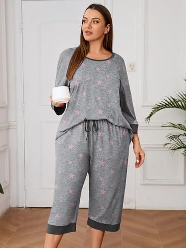 AusLook Women’s Plus Size Pajama Sets Printed 3/4 Sleeve Nightwear Top and Capri Pants 2 Piece Lounge Set with Pockets - Thumbnail 4