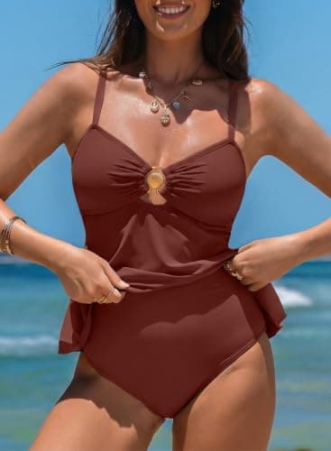 Aleumdr Womens Two Piece Swimsuit Keyhole Tankini Set Tummy Control Bathing Suits V Neck Push Up Swimwear Cinnamon Small - Thumbnail 3