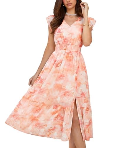 GRACE KARIN 2026 Womens Summer Dresses V Neck Ruffle Sleeve Floral Boho Beach A-Line Dress Pink-Floral Print Small - Image 1