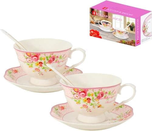 SWEDOU Cup and Saucer Sets of 2 with Spoon, 8 OZ Large Coffee Espresso Teacup New Bone China Floral Vintage Cup & Saucer Sets Porcelain Tea Latte Mugs -Microwave Dishwasher Safe - Image 1