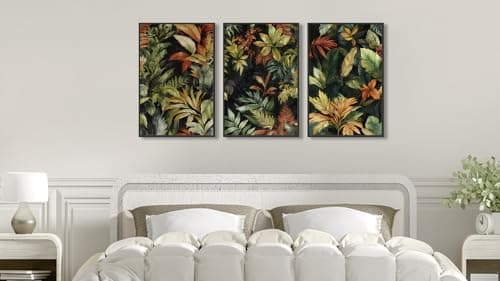 Large Framed Tropical Botanical Wall Art, Jungle Leaf Green Palm Leaf Painting Canvas Prints, Tropical Plant Artwork for Living Room Bedroom Hallway Office Home Decor 24"x36"x3Pcs - Thumbnail 2