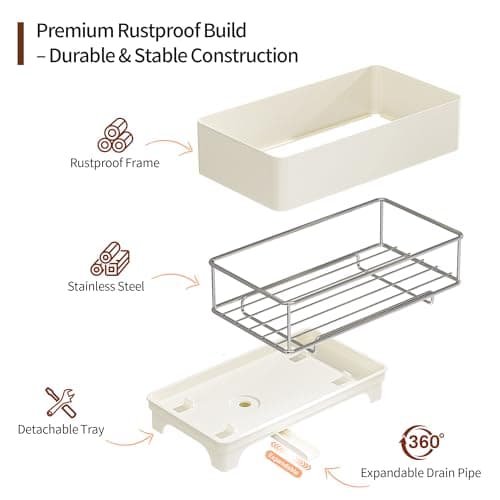Sponge Holder for Kitchen Sink – Rustproof Stainless Steel, 360° Rotating Drain Pipe, Large Counter Organizer with Drip Tray for Sponges, Brushes & Dish Cloths Off-white - Thumbnail 3