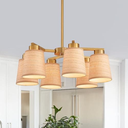 Majhoiw 22" Boho Rattan Chandelier for Dining Room 6-Light Coastal Farmhouse Pendant Lighting Fixture with Woven Fabric Shade for Bedroom Entryway Living Room