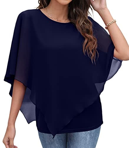 QIXING Women's Summer Casual Flowy Loose Short Sleeve Chiffon Elegant Tops Blouses Navy Blue-Medium - Image 1