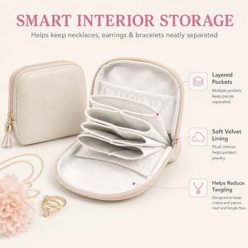 A Lots MiLi 2 Pcs Travel Jewelry Case for Women - Small Jewelry Organizer Box with Velvet Lining, Portable PU Leather Jewelry Storage Case for Necklaces Earrings Rings Bracelets, Cream White - Thumbnail 5