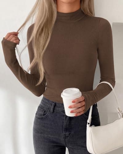 BTFBM Turtleneck Tops for Women Thumbhole Long Sleeve Shirts Brown - Thumbnail 4