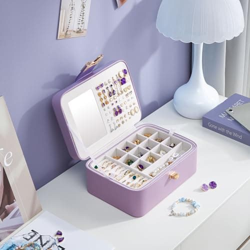 Lolalet 2 Layer Jewelry Box for Teen Girls & Young Women, Jewelry Organizer Case with Bow Clasp and Mirror for Earrings Rings Necklaces Storage, Gift Idea -Purple - Thumbnail 6