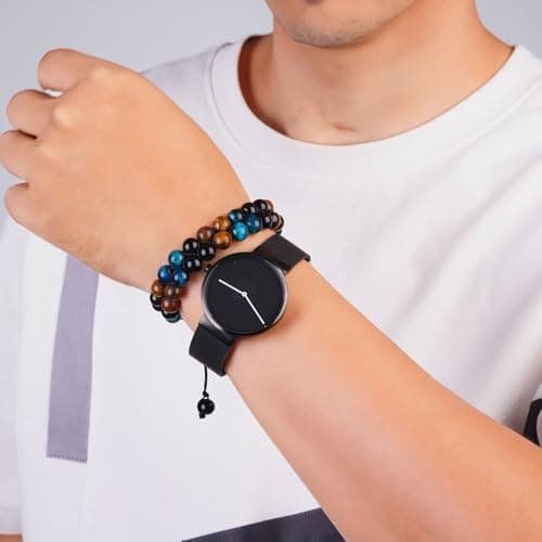 PAKUNDAS Handmade Triple Protection Bracelet,Bracelets for Men Natural Tiger Eye Jewelry Stone Hematite and Blue Stone Hematite 8mm Crystal Bracelet - Adjustable Size with Premium Gift-Box - Thumbnail 4