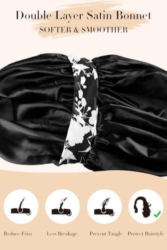 Vettres Hair Bonnet for Sleeping Satin Lined Sleep Cap Double Layer Silk Head Wrap for Curly Natural Hair Black Flower - Thumbnail 5