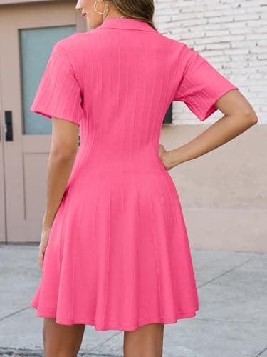 Skoinvb Womens Summer Short Sleeve V Neck Dress A Line Min Sweater Dress Bodycon Pleated Ribbed Knit Dresses Rose Red S - Thumbnail 5
