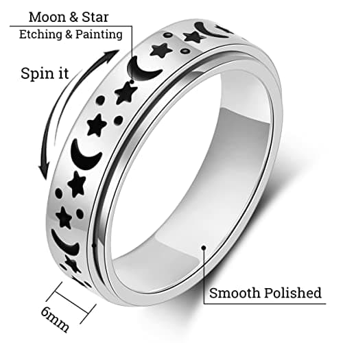 MHWTTY Anxiety Ring for Women Fidget Toys Adults Ring Stainless Steel Spinner Rings Moon Star Fidget Rings Gift for Women Men Silver Size 6 - Thumbnail 5