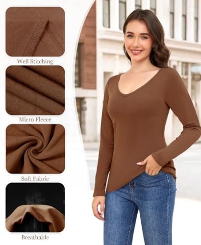 Ganado Long Sleeve Shirts for Women V Neck Thermal Shirt Layering Undershirts Plain Fitted Basic Tops (Coffee, XX-Large) - Thumbnail 5