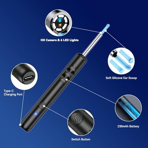 1080P HD Ear Camera with 6 LED Lights - Waterproof Rechargeable Otoscope Tool, Ear Wax Removal Kit with 8Pcs Ear Care Set for iOS & Android - Thumbnail 2