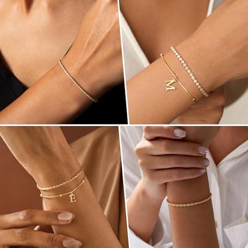 JIAOGE Gold Bracelets for Women - Gold Bracelet Stack Initial U Charm Bracelets for Women Stackable Rope Box Chain Tennis Bracelets Gold Jewelry for Women Gifts - Thumbnail 3