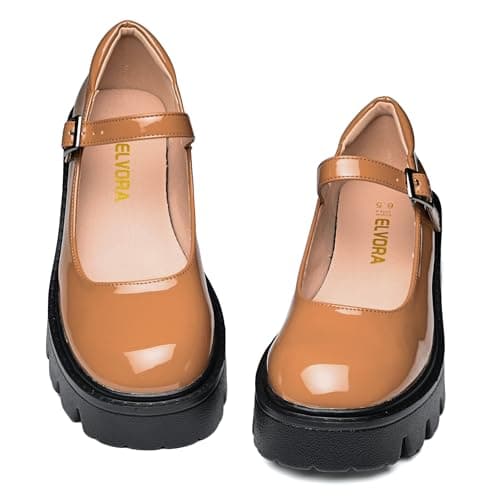 Elvora Women's Mary Jane Shoes - Platform Mary Janes for Women, Brown Leather Round Toe Chunky Dress Shoes with Adjustable Ankle Strap - Thumbnail 6