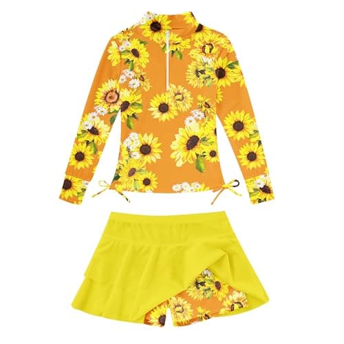 Toddler Girls Rashguard Girl's Swimsuit 3-4 Sunflower Tankini for Girl Yellow Orange Swimwear 2 Pieces Half Zipper Bathing Suits 3t 4t Bikini Long Sleeve Cover Up Beach Suit for Kid Rash Guard